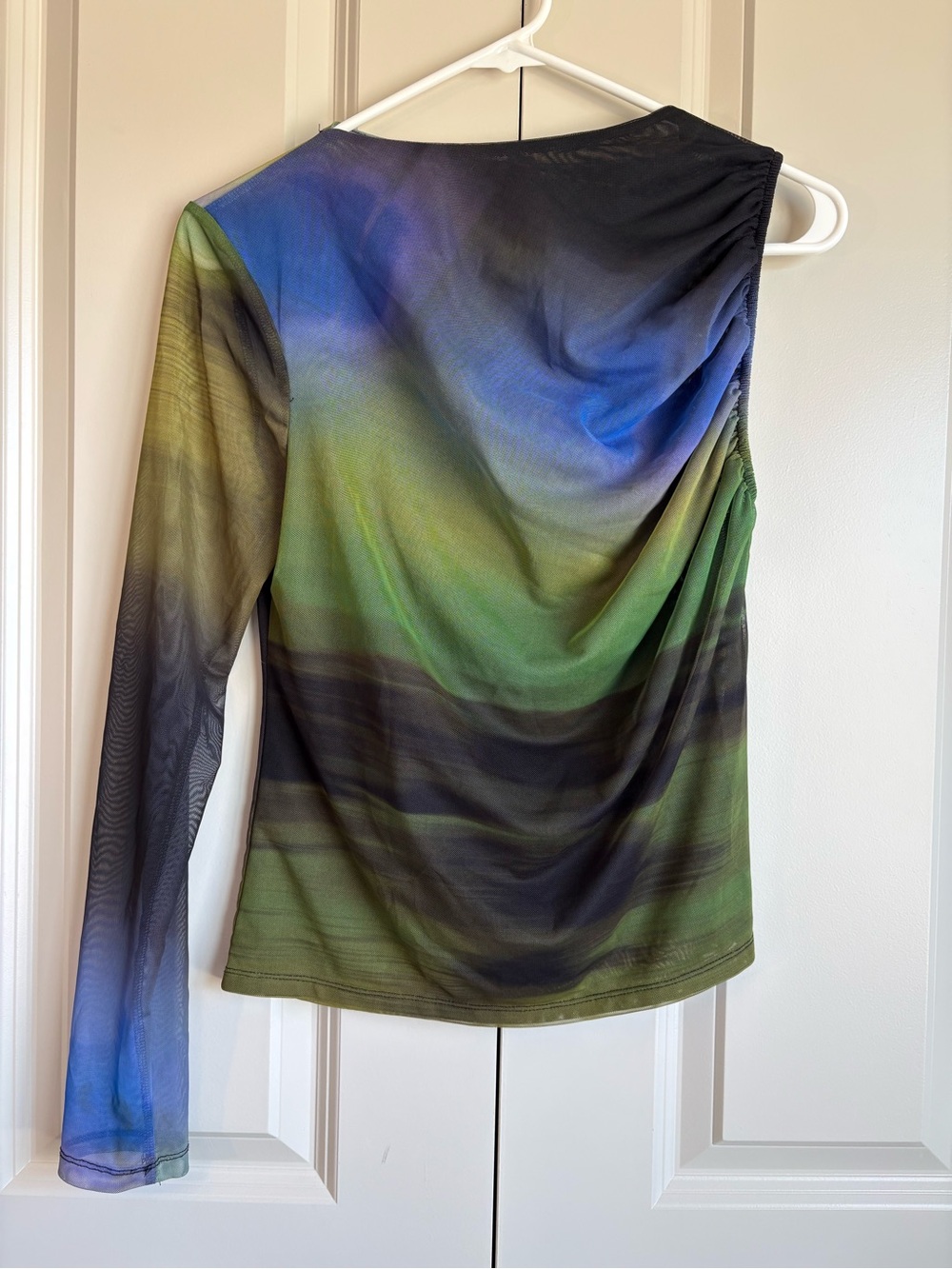 Zara Tulle Printed Asymmetric Top One Sheer Sleeve Green Black Blue Size Large